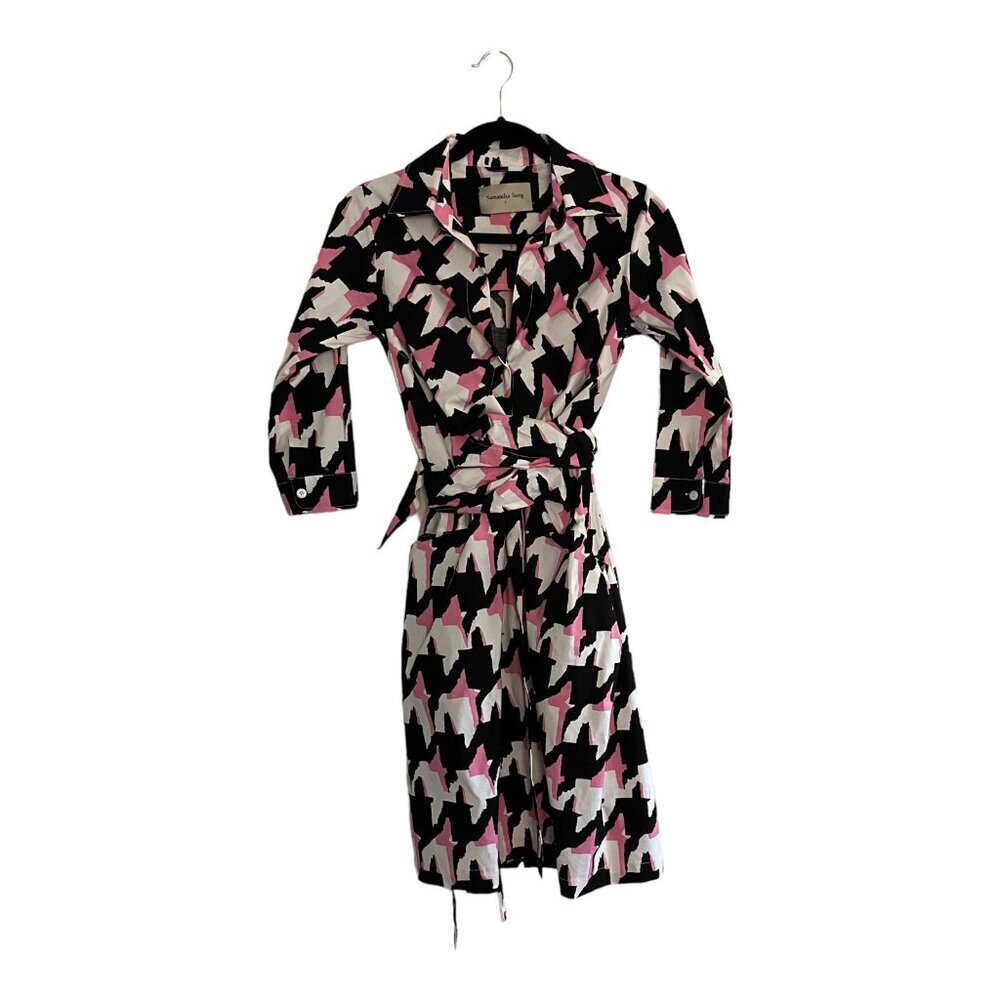 Samantha Sung Pink Black Houndstooth Print Shirt Dress Wrap Belt Pockets Size S
